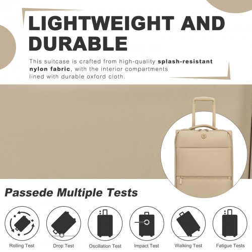 20 inch Women's Lightweight Softshell Suitcase with Spinner Wheels and Spacious Compartments - Khaki