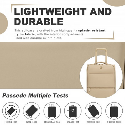 20 inch Women's Lightweight Softshell Suitcase with Spinner Wheels and Spacious Compartments - Khaki