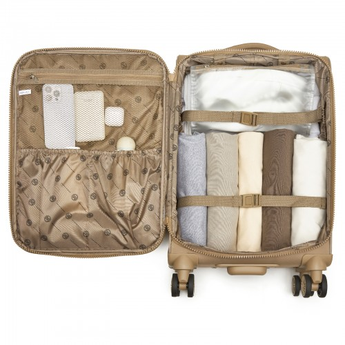 20 inch Women's Lightweight Softshell Suitcase with Spinner Wheels and Spacious Compartments - Khaki