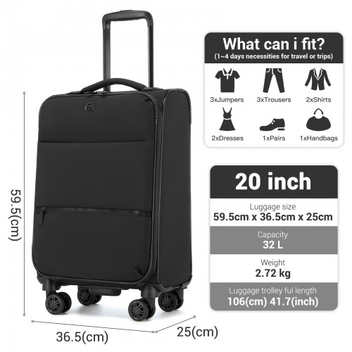 20-inch Women's Lightweight Softshell Suitcase with Spinner Wheels - Black