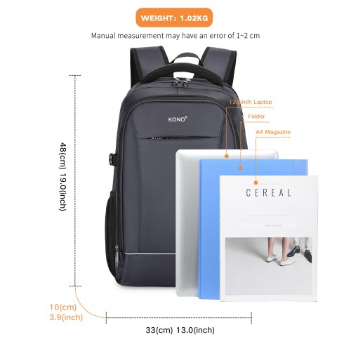 Kono Functional Travel Backpack with USB Charging Port - Navy | EM2130
