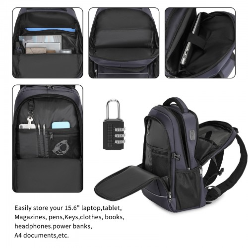 Kono Functional Travel Backpack with USB Charging Port - Navy | EM2130