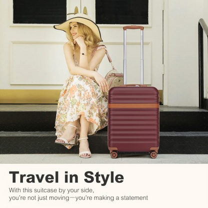 Kono 20 Inch Stylish Lightweight Hard Shell Cabin Carry-On Suitcase with TSA Lock - Burgundy & Brown
